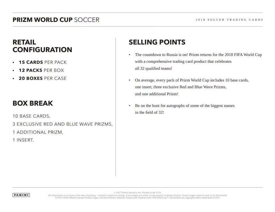 2018 Panini Prizm FIFA World Cup Soccer Multi Cello 12-Pack Box