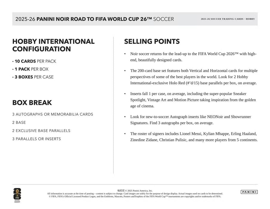 2025-26 Panini Noir Road to FIFA World Cup Soccer Hobby International Box