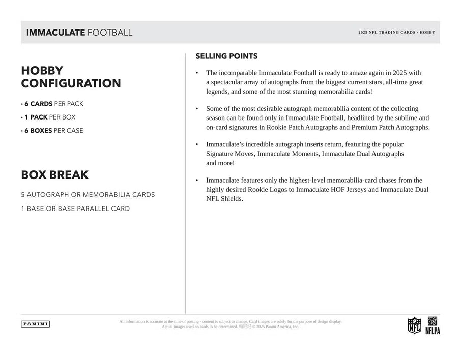 2025 Panini Immaculate Football Hobby Box (Pre-Order: ETA Monday 12 January)