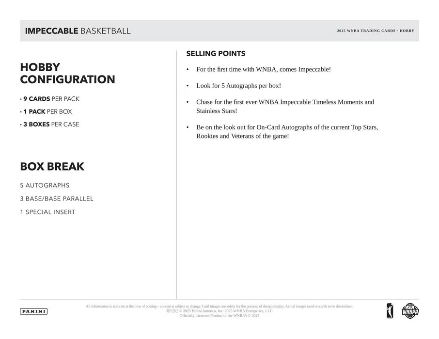 2025 Panini Impeccable WNBA Basketball Hobby Box