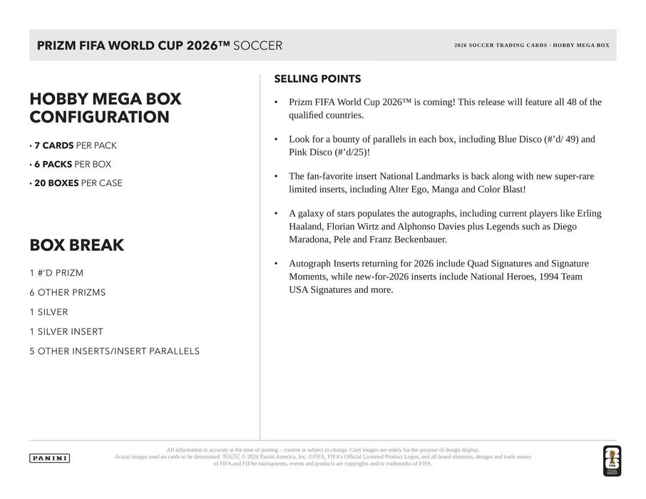 2026 Panini Prizm FIFA World Cup Soccer Hobby Mega Box