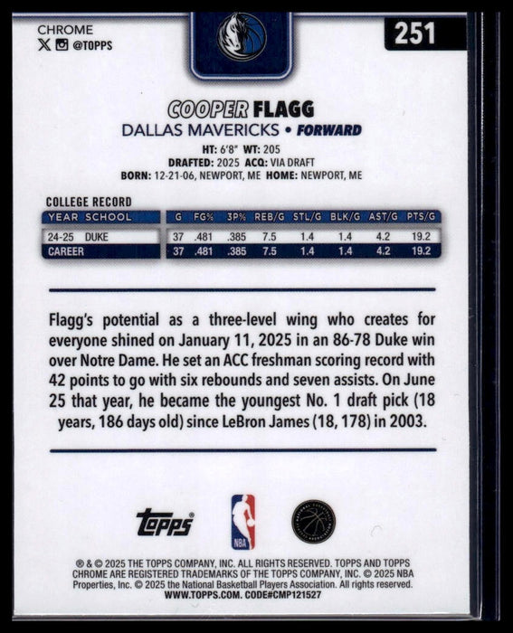 2025-26 Topps Chrome #251 Cooper Flagg Base Set - Image Variations