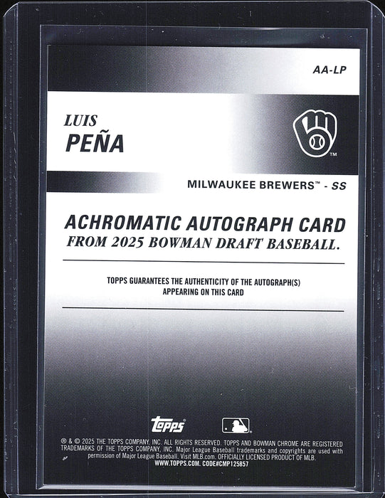 2025 Bowman Draft #AA-LP Luis Peña Achromatic Autographs Gold Refractor #/50