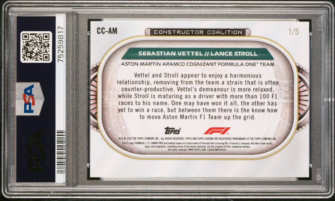 2022 Topps Chrome Formula 1 #CCAM Sebastian Vettel / Lance Stroll Constructor Coalition Red PSA 9