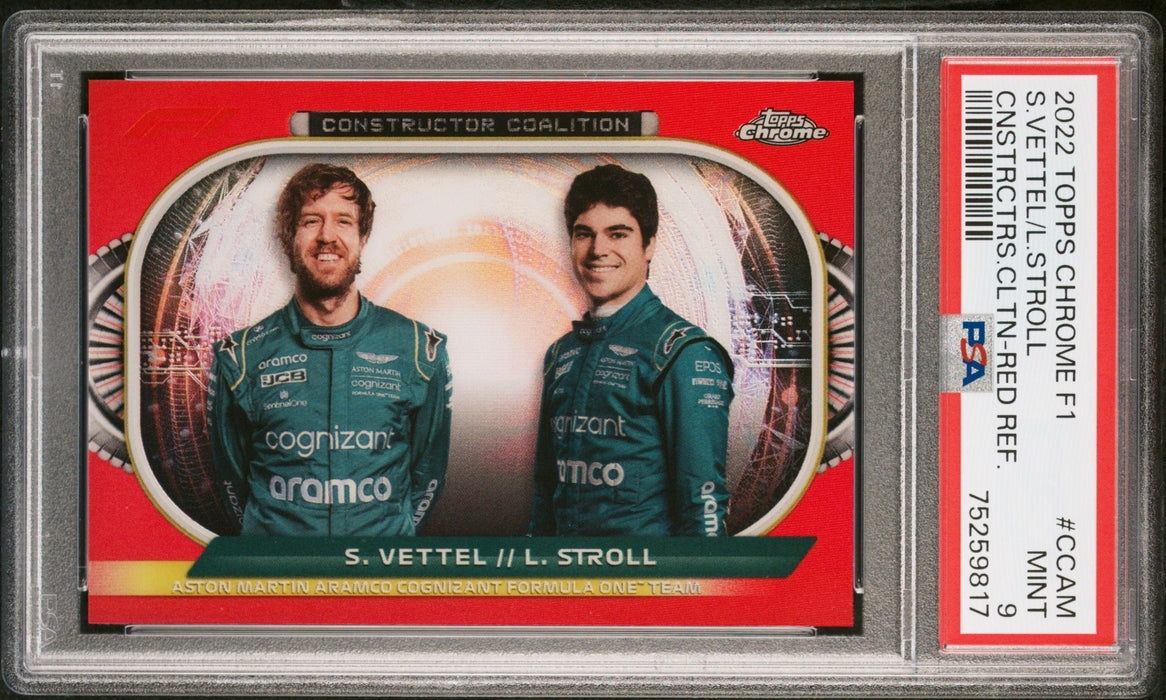 2022 Topps Chrome Formula 1 #CCAM Sebastian Vettel / Lance Stroll Constructor Coalition Red PSA 9