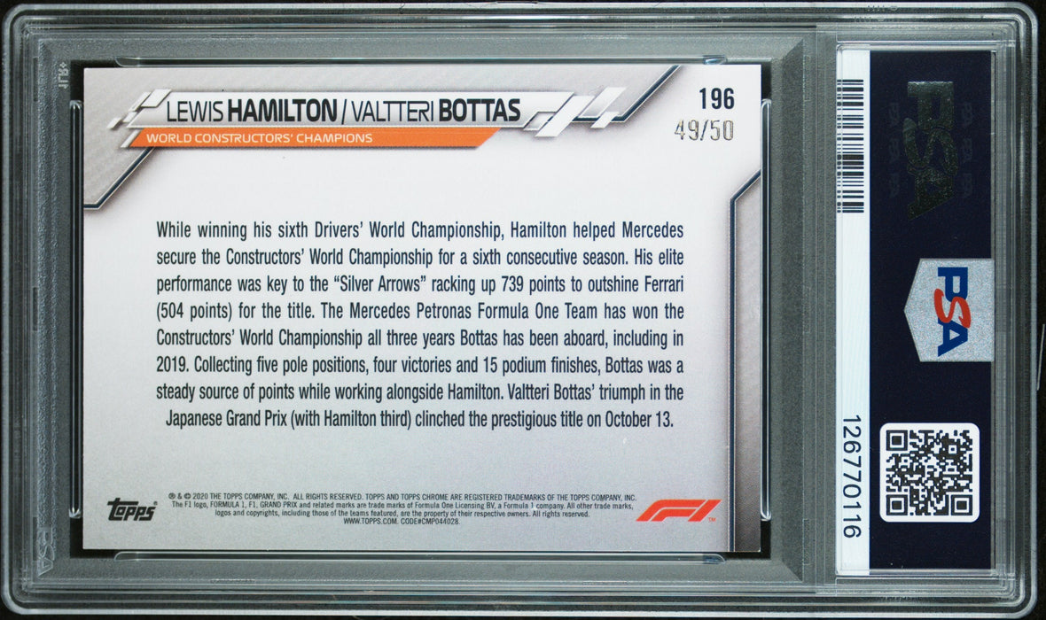 2020 Topps Chrome Formula 1 #196 L.Hamilton/V.Bottas Gold Wave Refractor PSA 7