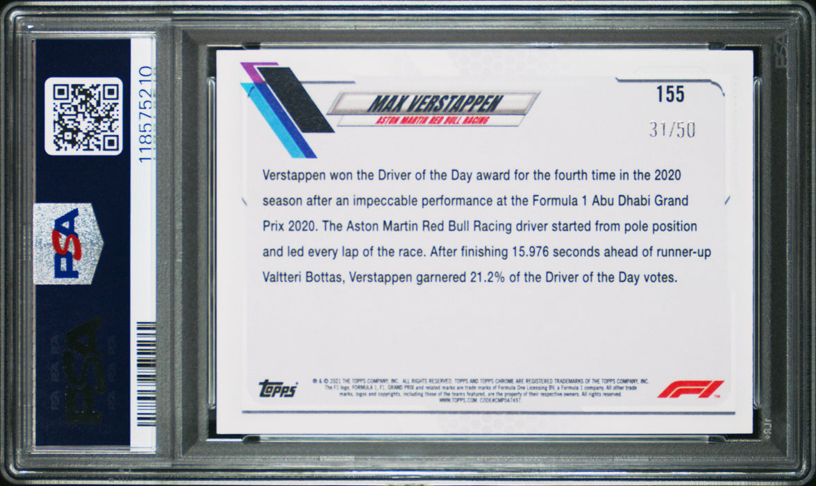 2021 Topps Chrome Formula 1 #155 Max Verstappen Gold Checker Flag Ref. PSA 9