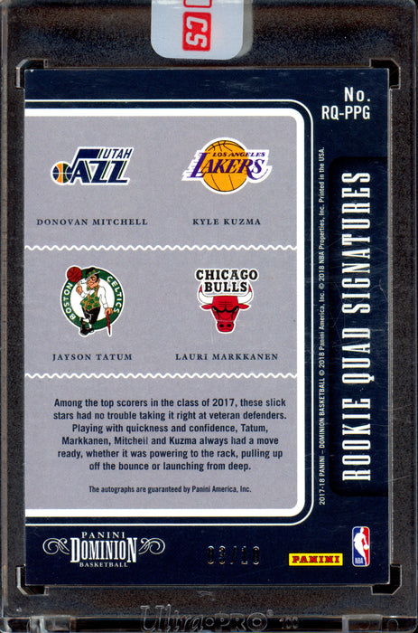 2017 Panini Dominion Rookie Quad Signatures Gold /10 Jayson Tatum, Donovan Mitchell, Lauri Markkannen, Kyle Kuzma