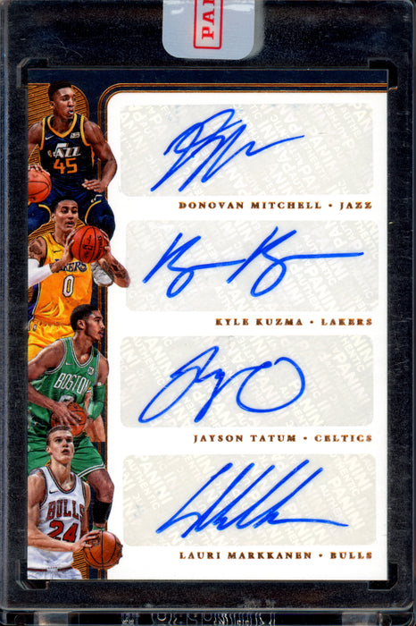 2017 Panini Dominion Rookie Quad Signatures Gold /10 Jayson Tatum, Donovan Mitchell, Lauri Markkannen, Kyle Kuzma