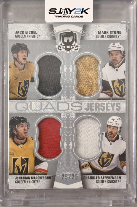 2022-23 Upper Deck The Cup #C4-SMSE Jack Eichel / Mark Stone / Jonathan Marchessault / Chandler Stephenson Cup Quads Jersey /25
