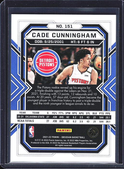 2021-22 Panini Obsidian 151 Cade Cunningham Electric Etch Blue Flood