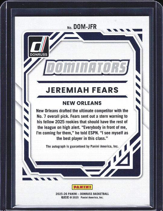 2025-26 Donruss Dominators DOM-JFR Jeremiah Fears Rookie Autographs Red RC Auto /25