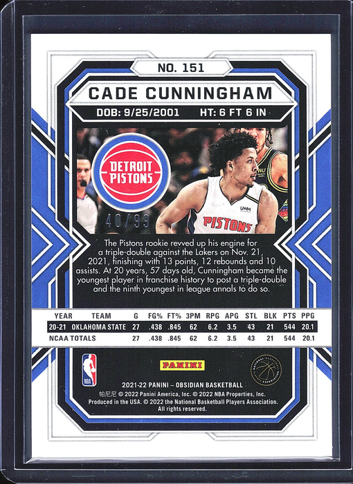 2021-22 Panini Obsidian 151 Cade Cunningham Electric Etch Purple /99