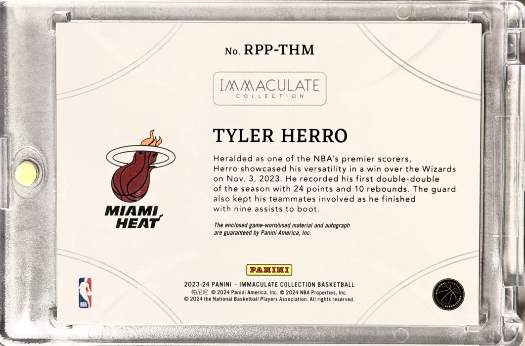 2023-24 Panini Immaculate Collection RPP-THM Tyler Herro Retro Premium Patch Autographs Gold /10