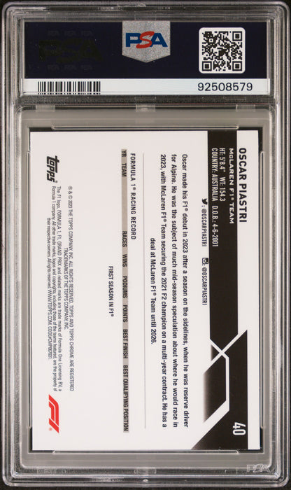 2023 Topps Chrome Formula 1 Sapphire Edition 40 Oscar Piastri Aqua PSA 10