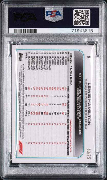 2022 Topps Chrome Formula 1 8 Lewis Hamilton Orange Checker Flag Ref. 13/25 PSA 10