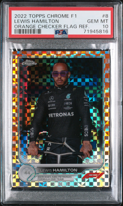 2022 Topps Chrome Formula 1 8 Lewis Hamilton Orange Checker Flag Ref. 13/25 PSA 10