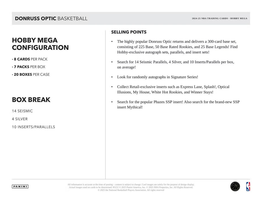 2024-25 Panini Donruss Optic Basketball Hobby Mega Box (Seismic Parallels)