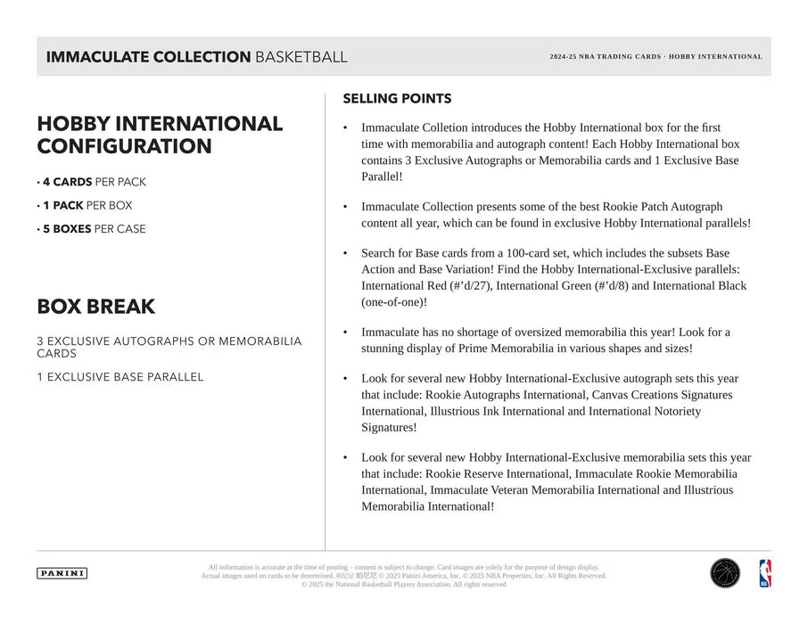 2024-25 Panini Immaculate Basketball International Hobby Box