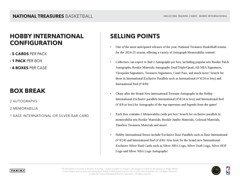 2024-25 Panini National Treasures Basketball Hobby International Box