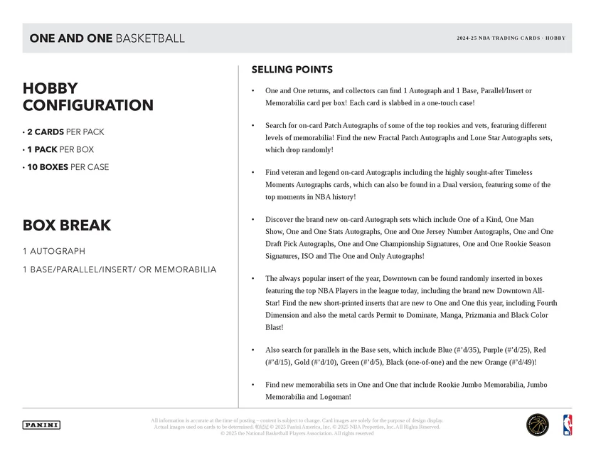 2024-25 Panini One And One Basketball Hobby Box