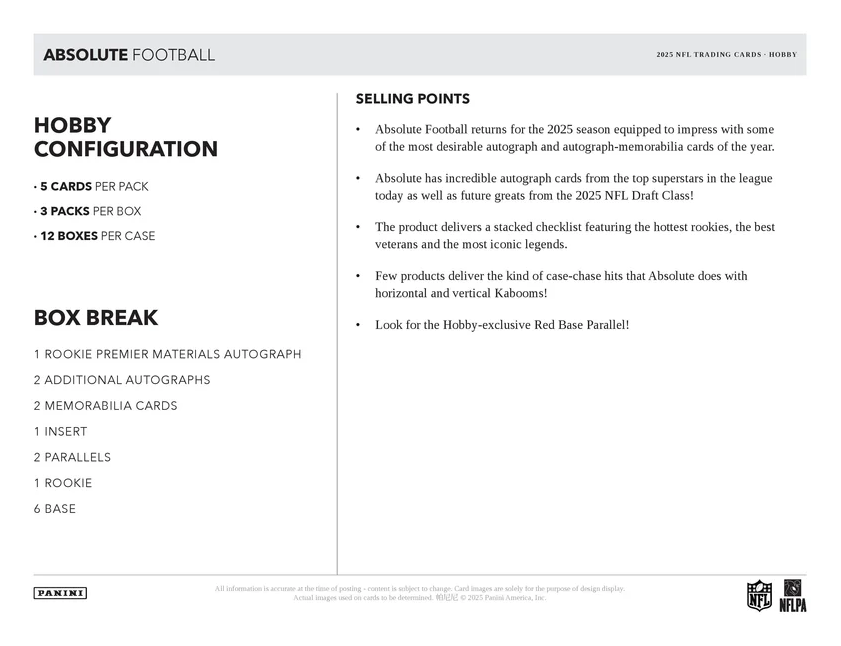 2025 Panini Absolute NFL Football Hobby Box