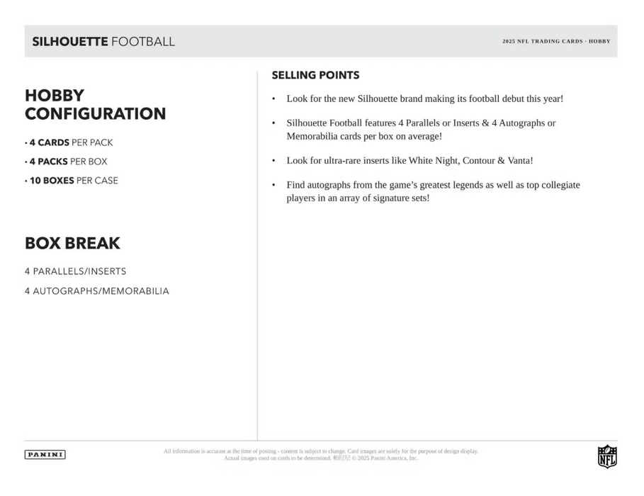 2025 Panini Silhouette NFL Football Hobby Box (Pre-Order: March 28)