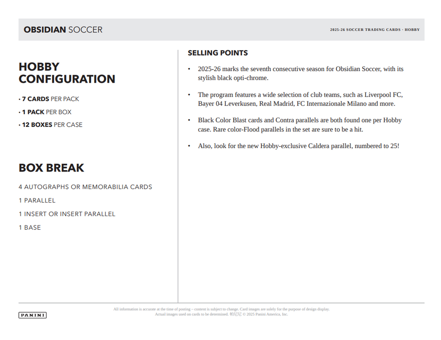 2025-26 Panini Obsidian Soccer Hobby Box (Pre-Order: July 9)