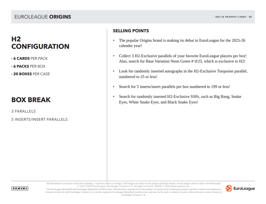 2025-26 Panini Origins Euroleague Basketball H2 Hybrid Box (Pre-Order: June 26)