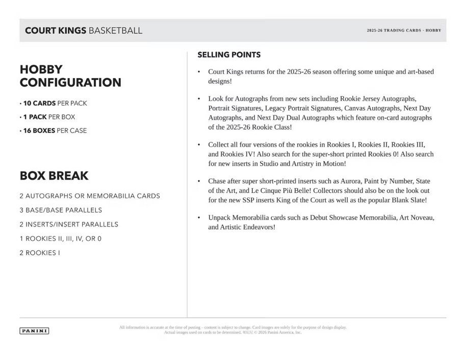2025-26 Panini Court Kings Basketball Hobby Box (Pre-Order: July 25)