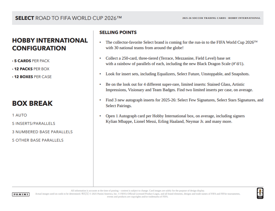 2025-26 Panini Select Road to FIFA World Cup Soccer Hobby International Box (Pre-Order: August 1)