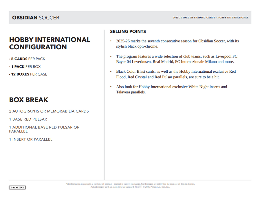 2025-26 Panini Obsidian Soccer Hobby International Box (Pre-Order: August 1)