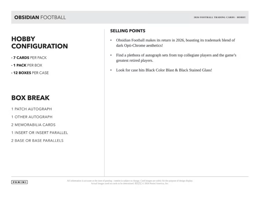 2026 Panini Obsidian Football NFL Hobby Box (Pre-Order: October 22)