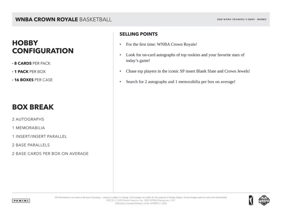 2026 Panini Crown Royale WNBA Basketball Hobby Box (Pre-Order: November 19)