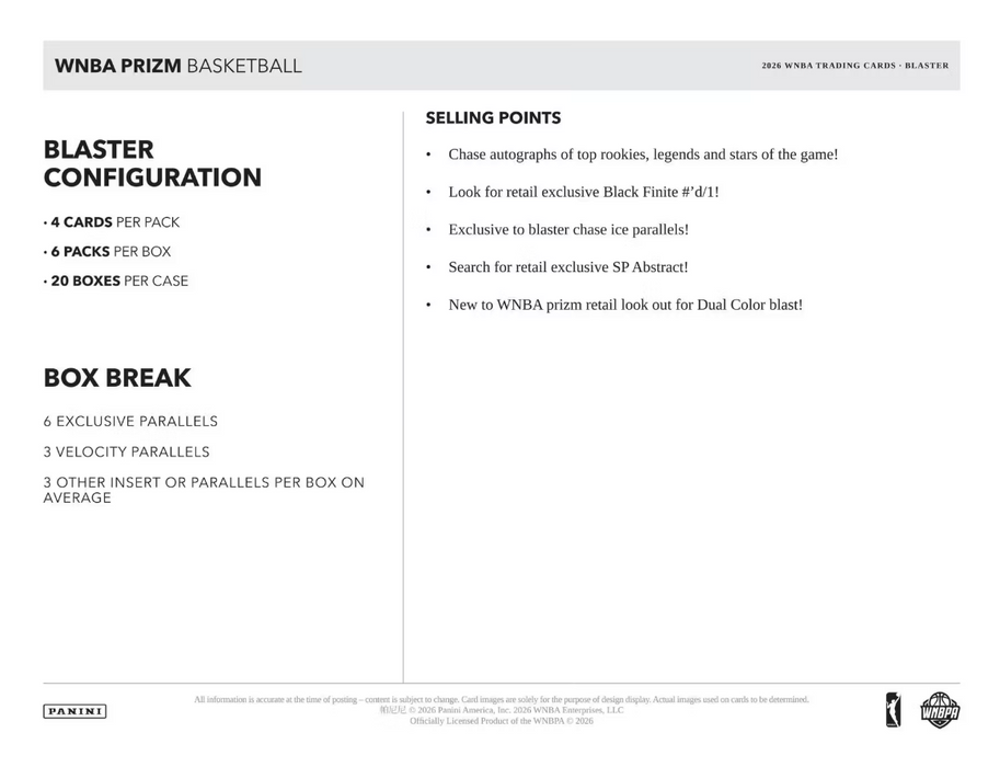 2026 Panini Prizm WNBA Basketball Value Blaster Box (Pre-Order: October 31)